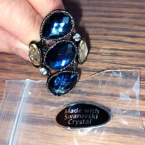 Navy Blue & Clear Swarovski Crystal Ring, Sz 7.5